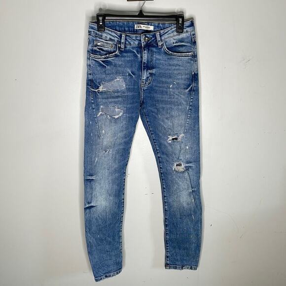 ZARA Light to Medium Wash Distressed Splattered Cotton Poly Blend Jeans Size 29 - Picture 1 of 9